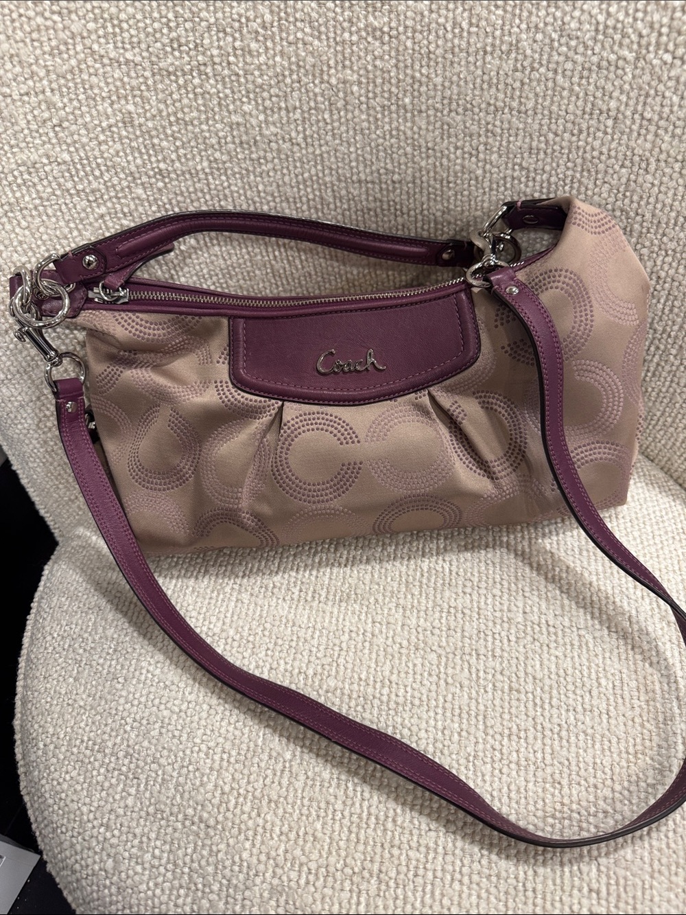 Coach Beige Nylon Shoulder Bag with Plum Leather Trim